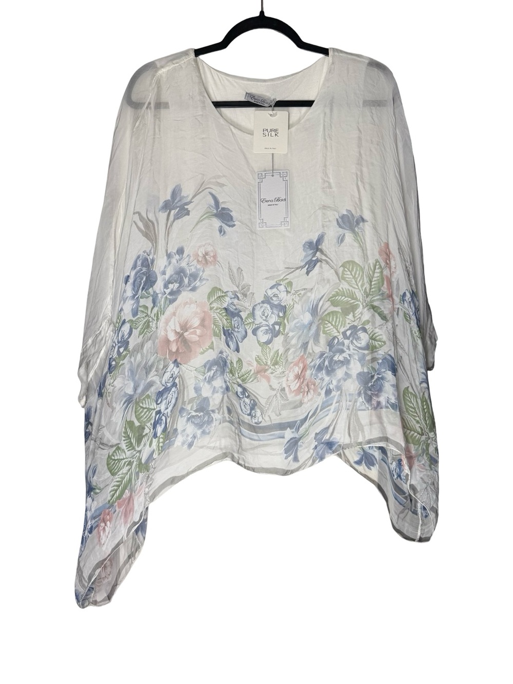 Elena Baldi 100% Silk Floral Top Large Ivory Made in Italy Lagenlook NEW Flaw